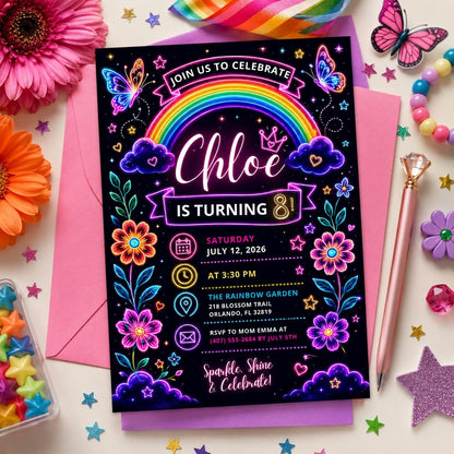 Editable Rainbow Birthday Invitation Canva Template, Pink Purple Girls Kids Cute Fun DIY Chic Teen Party Invite, Printable Digital Download.