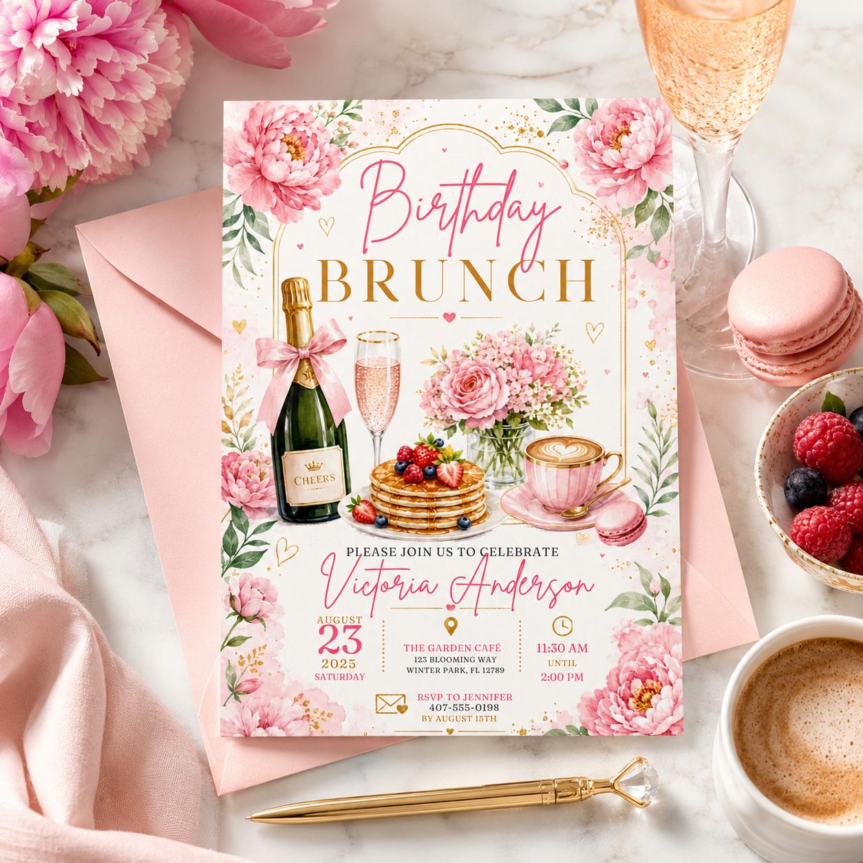 Editable Brunch Birthday Invitation Canva Template, Pink Floral Girls Adult Cute Fun DIY Chic Kids Party Invite, Printable Digital Download.