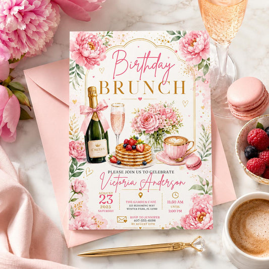 Editable Brunch Birthday Invitation Canva Template, Pink Floral Girls Adult Cute Fun DIY Chic Kids Party Invite, Printable Digital Download.