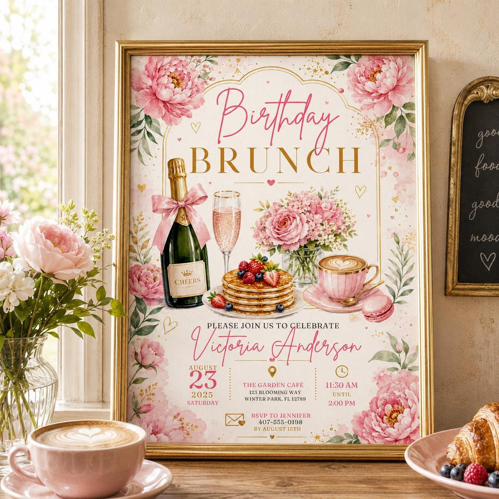 Editable Brunch Birthday Invitation Canva Template, Pink Floral Girls Adult Cute Fun DIY Chic Kids Party Invite, Printable Digital Download.