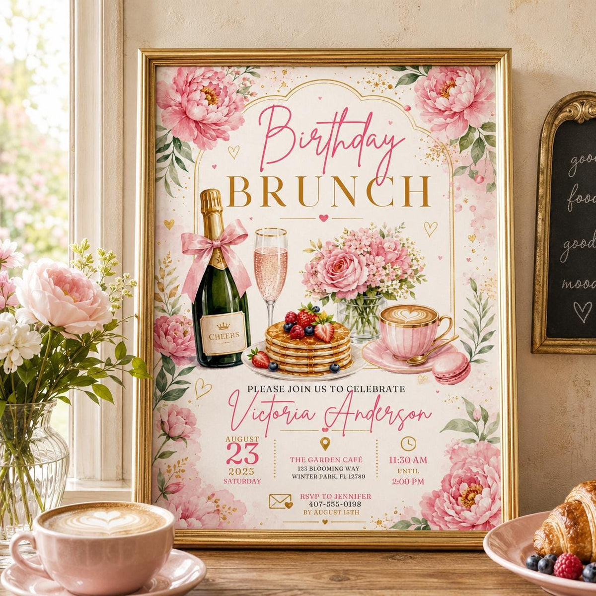 Editable Brunch Birthday Invitation Canva Template, Pink Floral Girls Adult Cute Fun DIY Chic Kids Party Invite, Printable Digital Download.