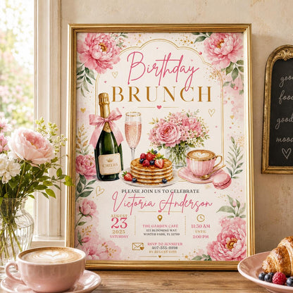 Editable Brunch Birthday Invitation Canva Template, Pink Floral Girls Adult Cute Fun DIY Chic Kids Party Invite, Printable Digital Download.