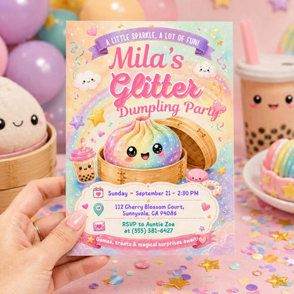 Editable Glitter Dumpling Birthday Invitation Canva Template, Trendy Girls Kids Cute Fun DIY Sweet Party Invite, Printable Digital Download.