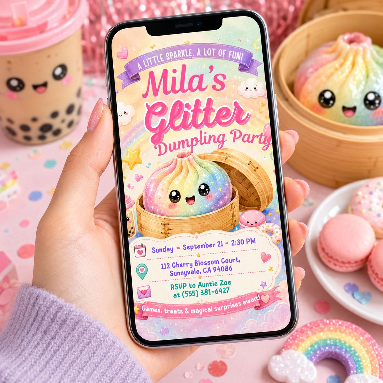 Editable Glitter Dumpling Birthday Invitation Canva Template, Trendy Girls Kids Cute Fun DIY Sweet Party Invite, Printable Digital Download.