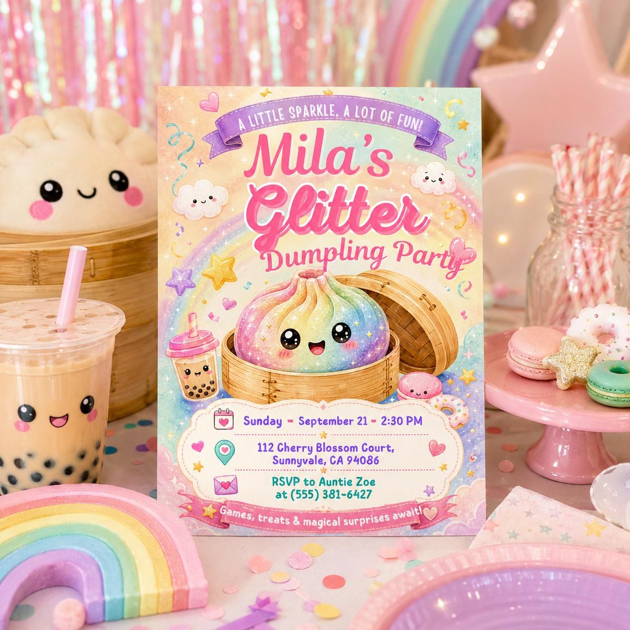 Editable Glitter Dumpling Birthday Invitation Canva Template, Trendy Girls Kids Cute Fun DIY Sweet Party Invite, Printable Digital Download.
