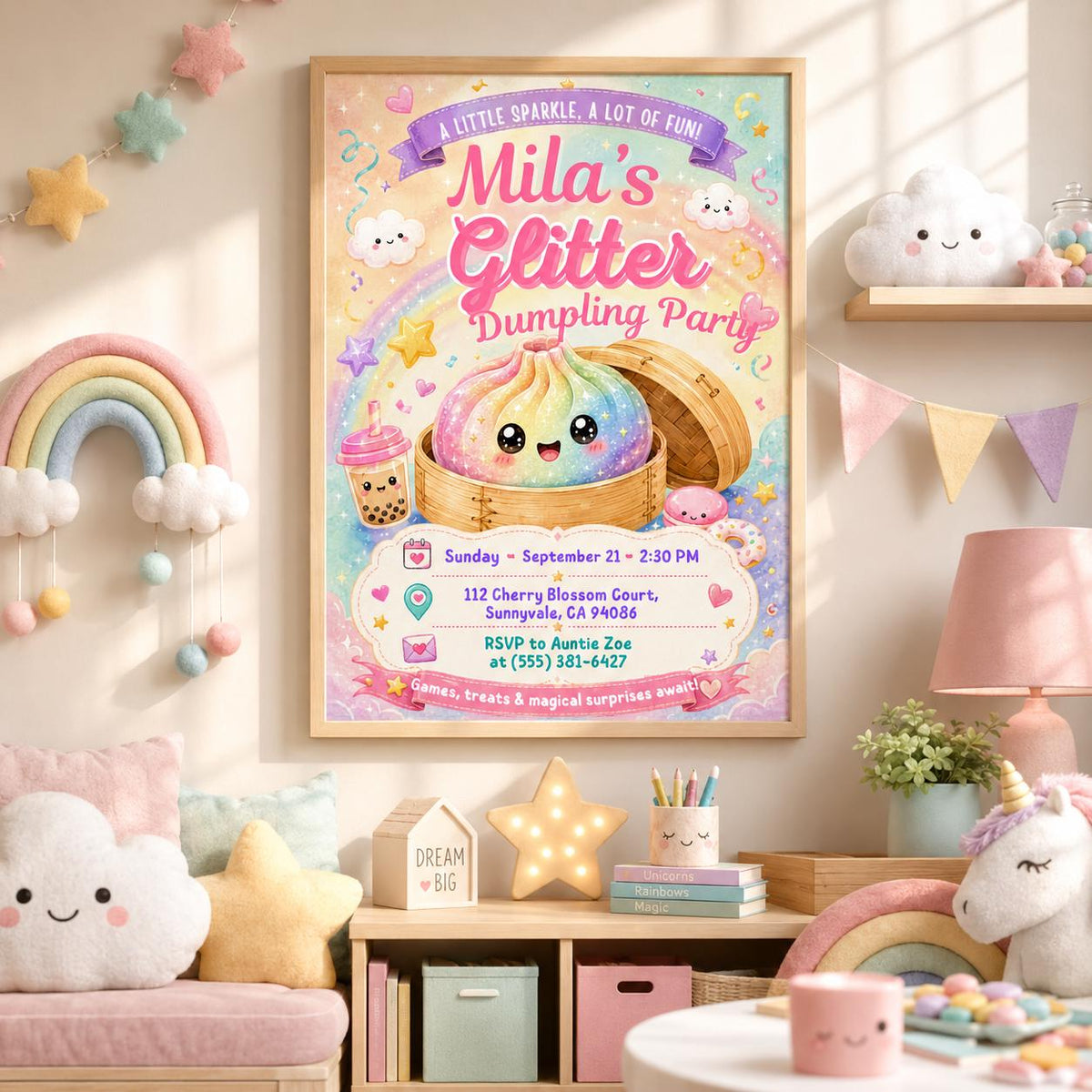 Editable Glitter Dumpling Birthday Invitation Canva Template, Trendy Girls Kids Cute Fun DIY Sweet Party Invite, Printable Digital Download.