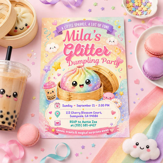 Editable Glitter Dumpling Birthday Invitation Canva Template, Trendy Girls Kids Cute Fun DIY Sweet Party Invite, Printable Digital Download.