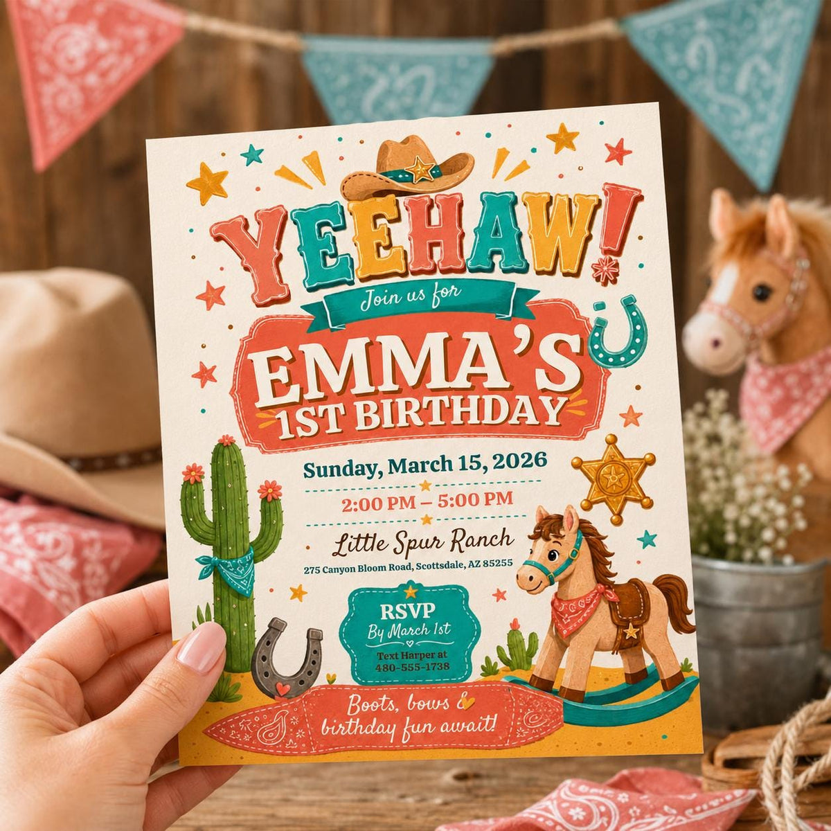 Editable Western Cowgirl Birthday Invitation Canva Template, Vintage Boys Kids Cute Modern Fun DIY Party Invite, Printable Digital Download.