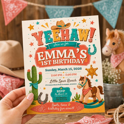 Editable Western Cowgirl Birthday Invitation Canva Template, Vintage Boys Kids Cute Modern Fun DIY Party Invite, Printable Digital Download.