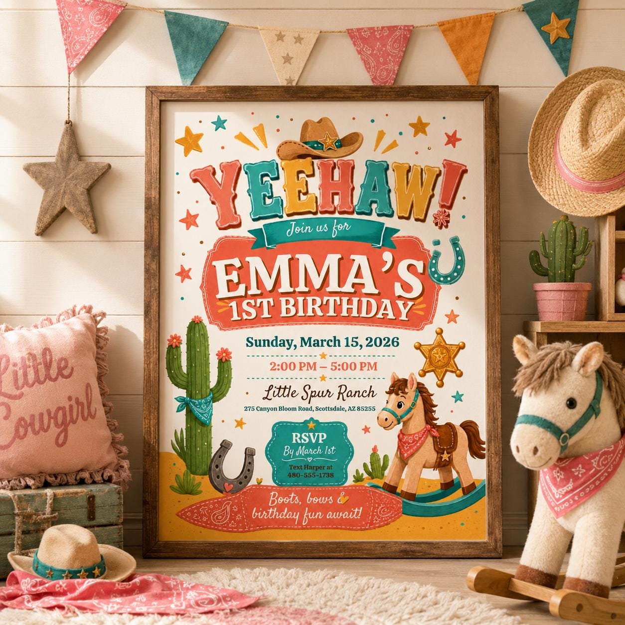 Editable Western Cowgirl Birthday Invitation Canva Template, Vintage Boys Kids Cute Modern Fun DIY Party Invite, Printable Digital Download.