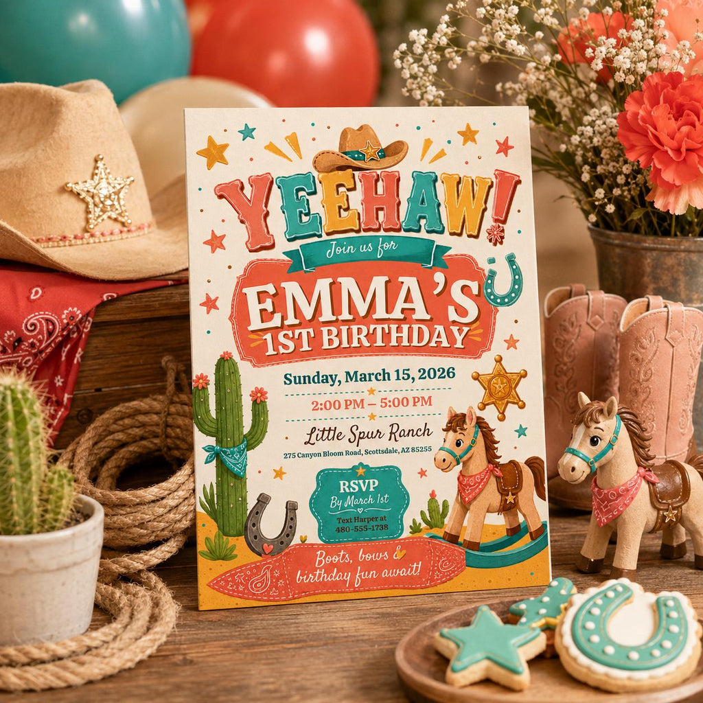 Editable Western Cowgirl Birthday Invitation Canva Template, Vintage Boys Kids Cute Modern Fun DIY Party Invite, Printable Digital Download.
