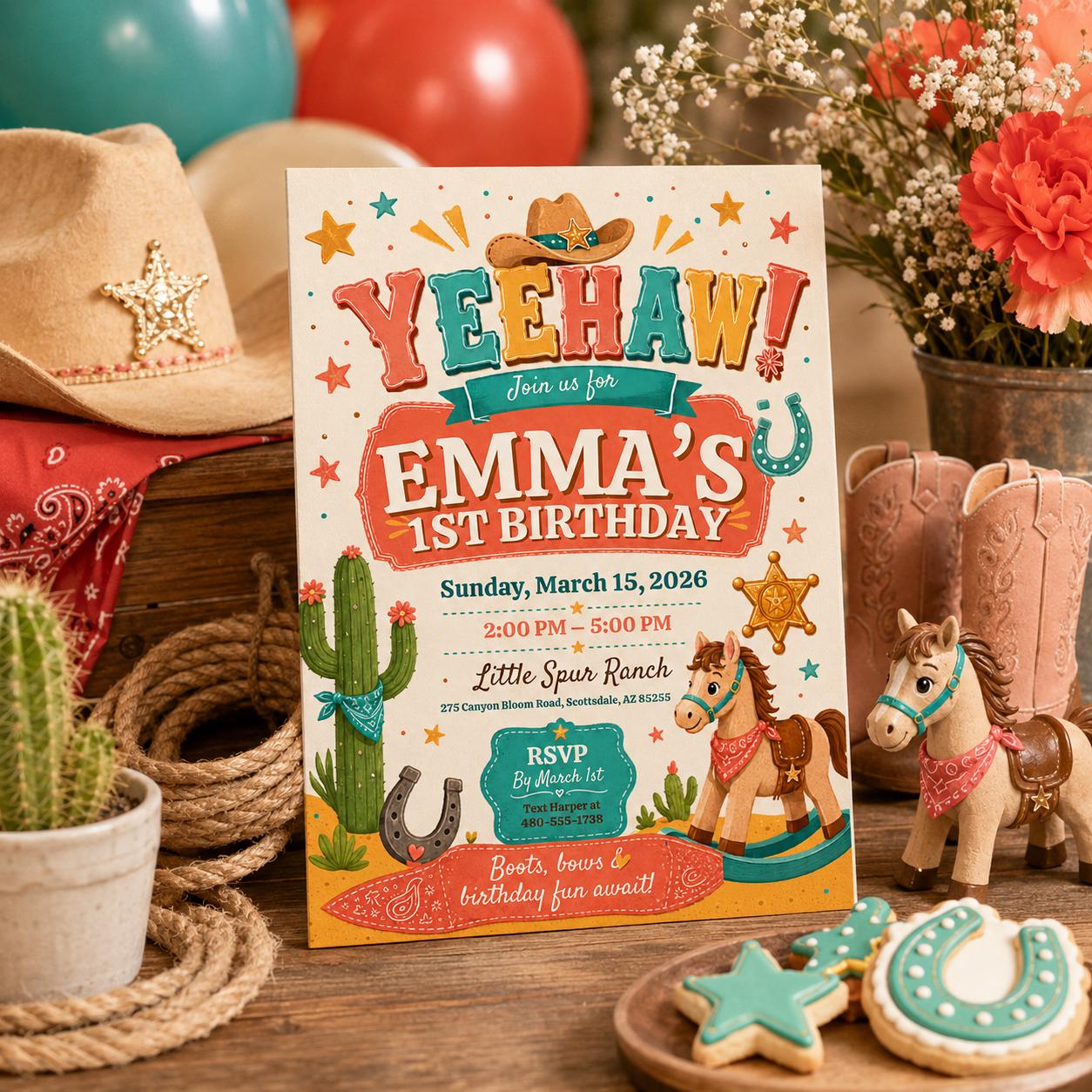 Editable Western Cowgirl Birthday Invitation Canva Template, Vintage Boys Kids Cute Modern Fun DIY Party Invite, Printable Digital Download.