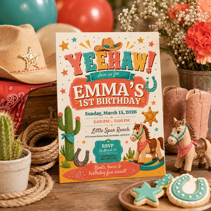 Editable Western Cowgirl Birthday Invitation Canva Template, Vintage Boys Kids Cute Modern Fun DIY Party Invite, Printable Digital Download.