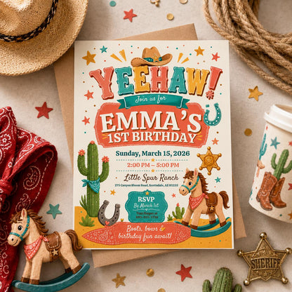 Editable Western Cowgirl Birthday Invitation Canva Template, Vintage Boys Kids Cute Modern Fun DIY Party Invite, Printable Digital Download.