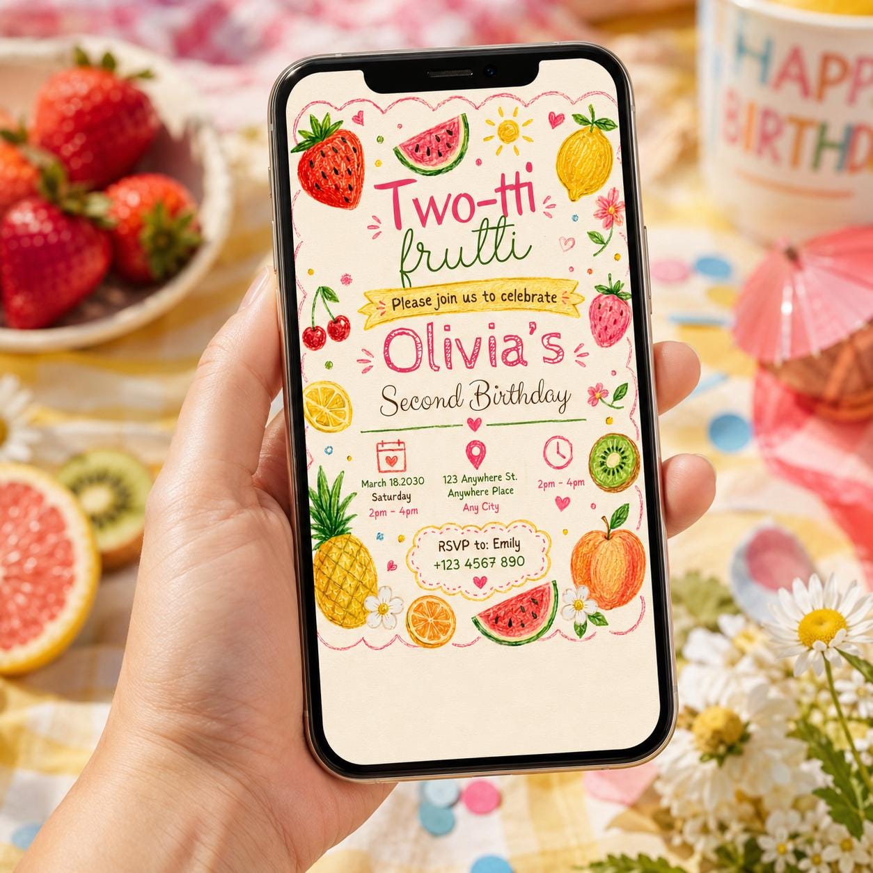 Editable Two-tti Frutti Second Birthday Invitation Canva Template, Kids Cute Modern Fun Themed DIY Party Invite, Printable Digital Download.