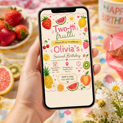 Editable Two-tti Frutti Second Birthday Invitation Canva Template, Kids Cute Modern Fun Themed DIY Party Invite, Printable Digital Download.