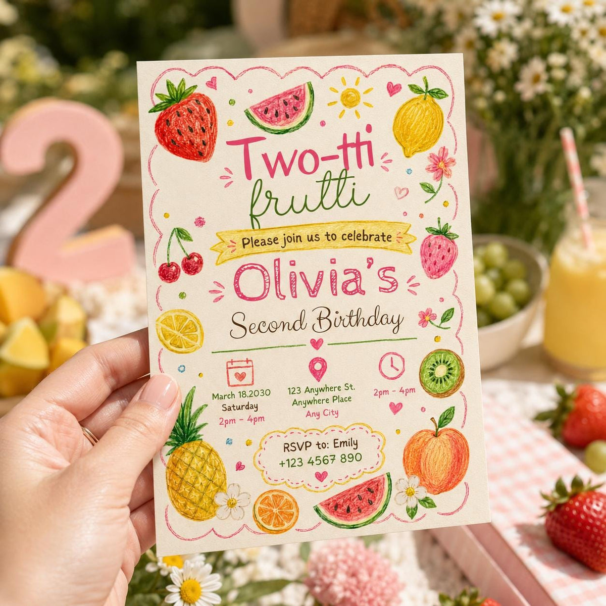 Editable Two-tti Frutti Second Birthday Invitation Canva Template, Kids Cute Modern Fun Themed DIY Party Invite, Printable Digital Download.