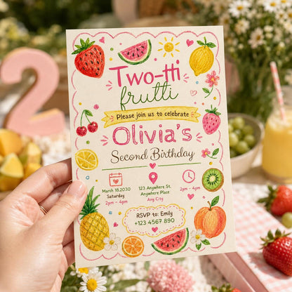 Editable Two-tti Frutti Second Birthday Invitation Canva Template, Kids Cute Modern Fun Themed DIY Party Invite, Printable Digital Download.