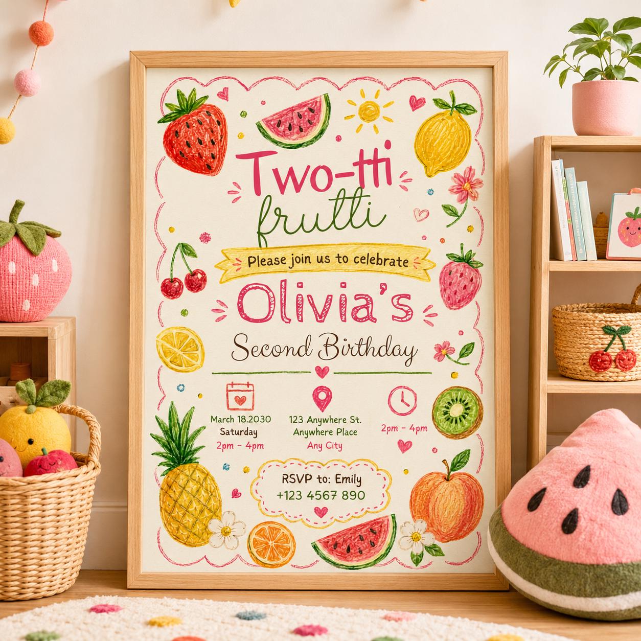 Editable Two-tti Frutti Second Birthday Invitation Canva Template, Kids Cute Modern Fun Themed DIY Party Invite, Printable Digital Download.