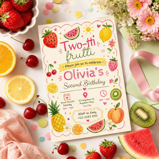 Editable Two-tti Frutti Second Birthday Invitation Canva Template, Kids Cute Modern Fun Themed DIY Party Invite, Printable Digital Download.