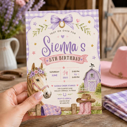 Editable Horse Riding Birthday Invitation Canva Template, Boho Floral Girls Kids Cute Fun DIY Chic Party Invite, Printable Digital Download.