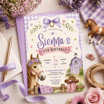 Editable Horse Riding Birthday Invitation Canva Template, Boho Floral Girls Kids Cute Fun DIY Chic Party Invite, Printable Digital Download.