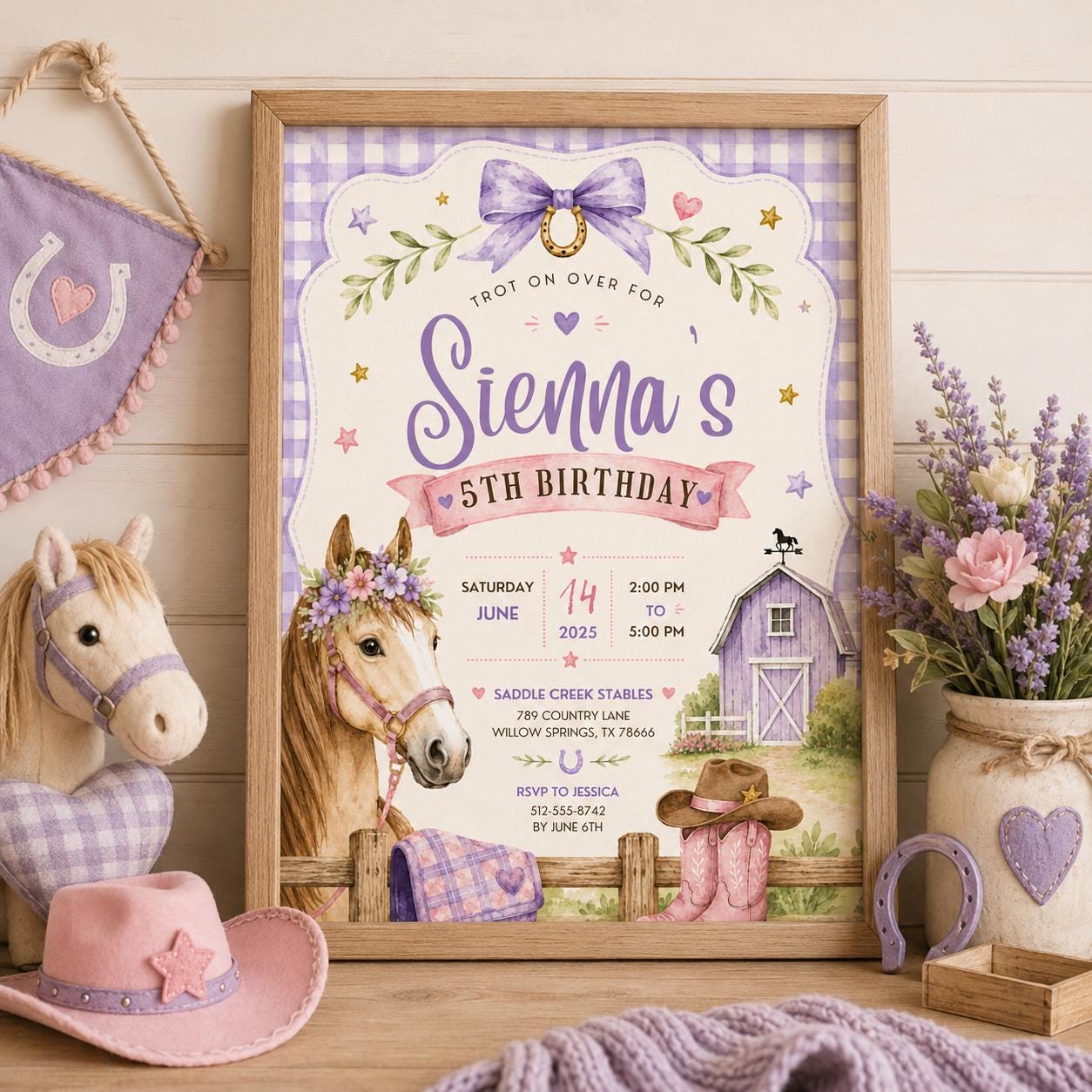 Editable Horse Riding Birthday Invitation Canva Template, Boho Floral Girls Kids Cute Fun DIY Chic Party Invite, Printable Digital Download.