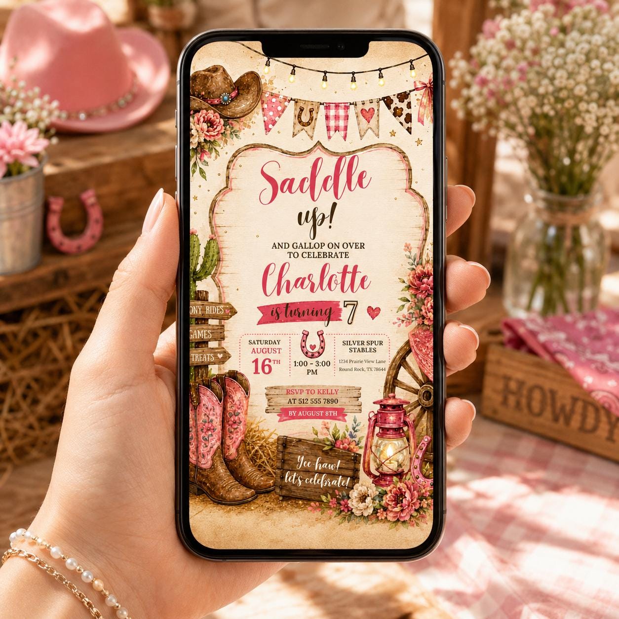 Editable Floral Birthday Invitation Canva Template, Pink Girls Floral Cute Fun DIY Sweet Chic Kids Party Invite, Printable Digital Download.