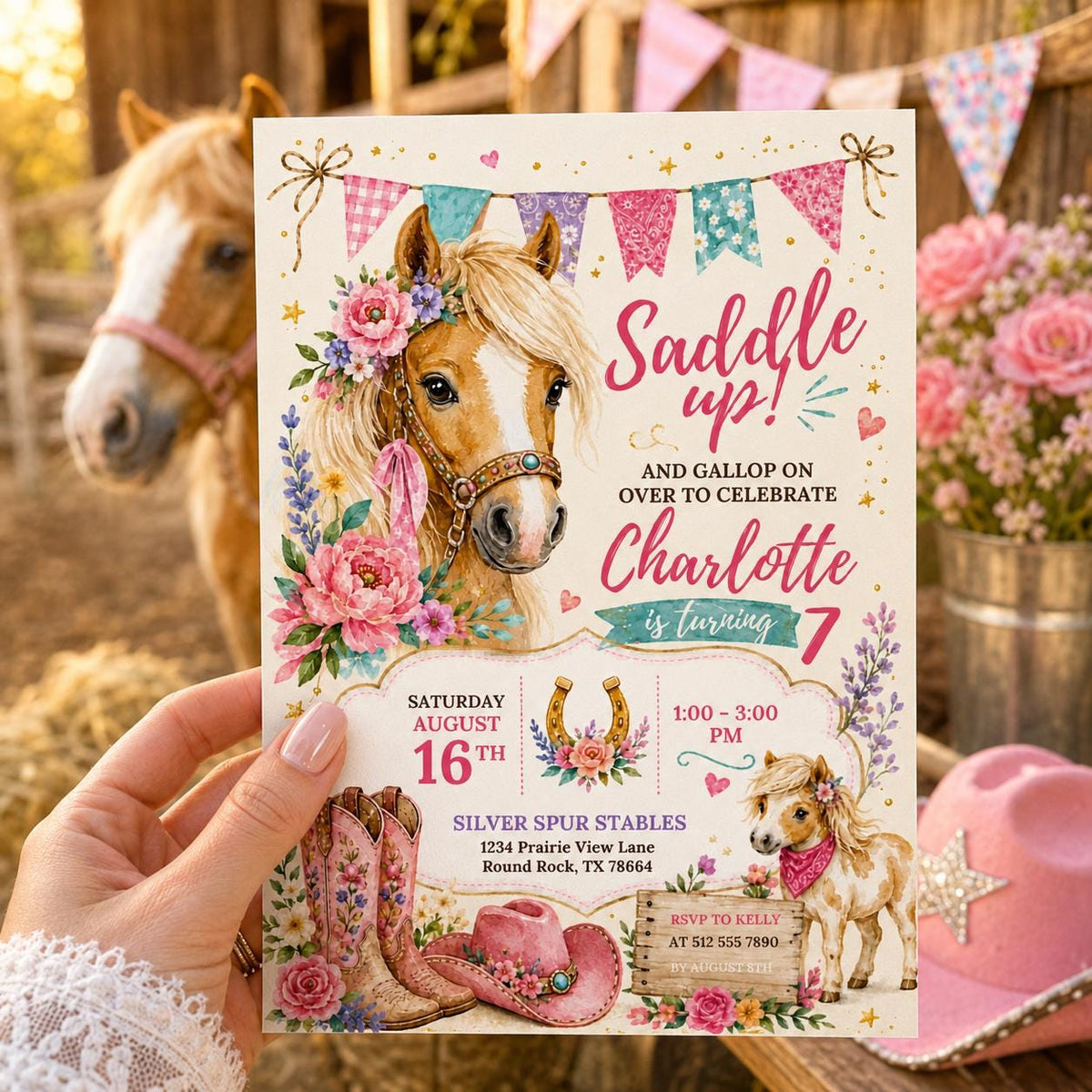 Editable Floral Birthday Invitation Canva Template, Pink Girls Floral Cute Fun DIY Sweet Chic Kids Party Invite, Printable Digital Download.