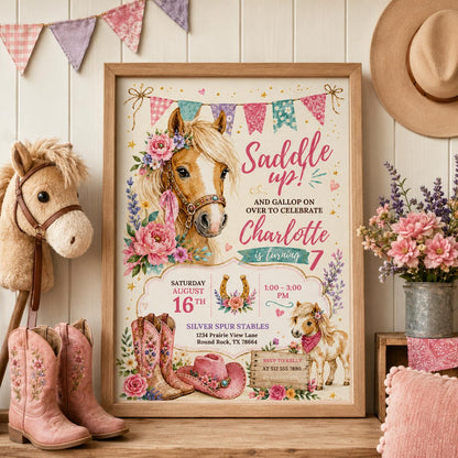 Editable Floral Birthday Invitation Canva Template, Pink Girls Floral Cute Fun DIY Sweet Chic Kids Party Invite, Printable Digital Download.