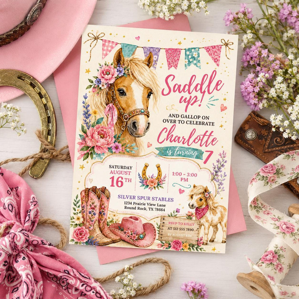 Editable Floral Birthday Invitation Canva Template, Pink Girls Floral Cute Fun DIY Sweet Chic Kids Party Invite, Printable Digital Download.