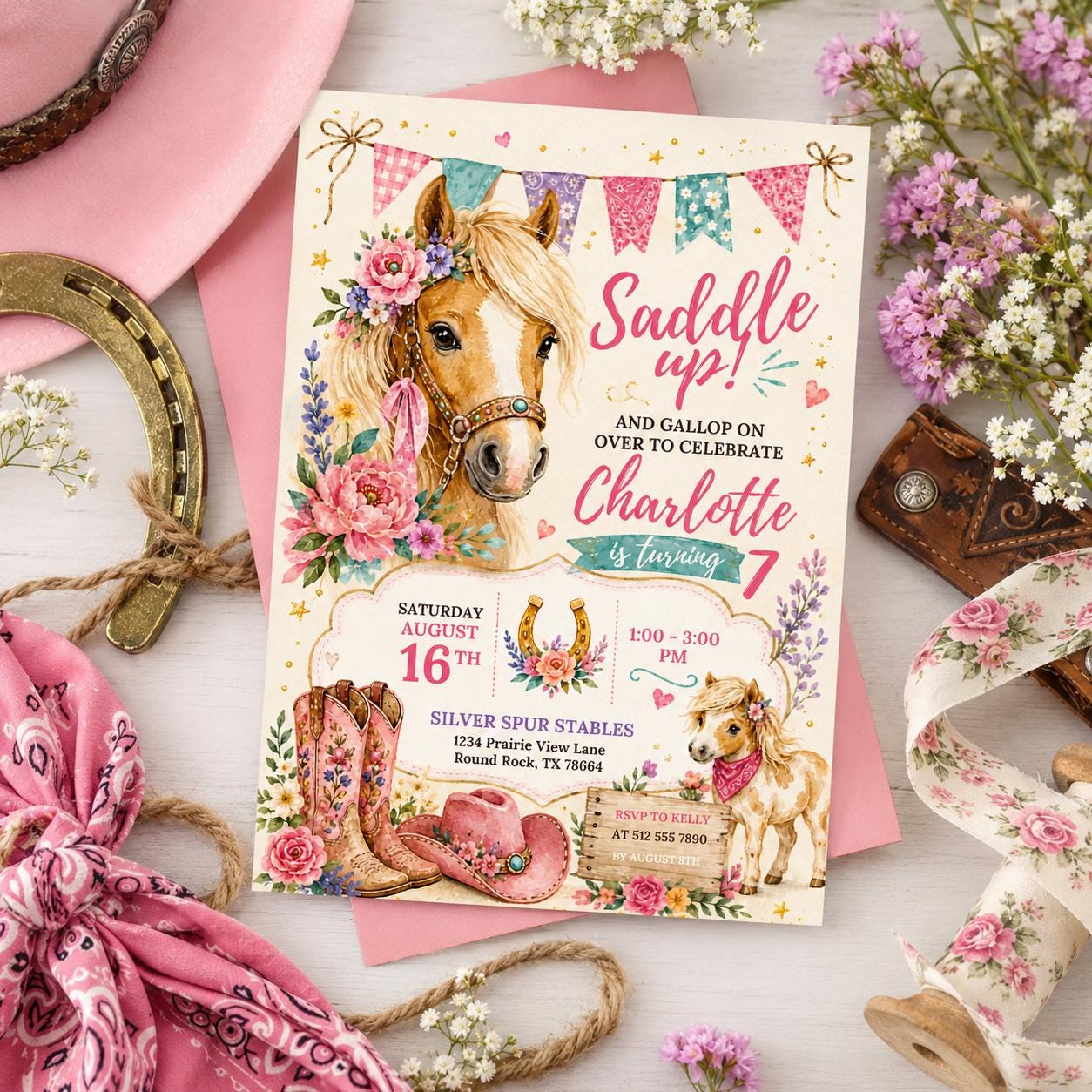 Editable Floral Birthday Invitation Canva Template, Pink Girls Floral Cute Fun DIY Sweet Chic Kids Party Invite, Printable Digital Download.