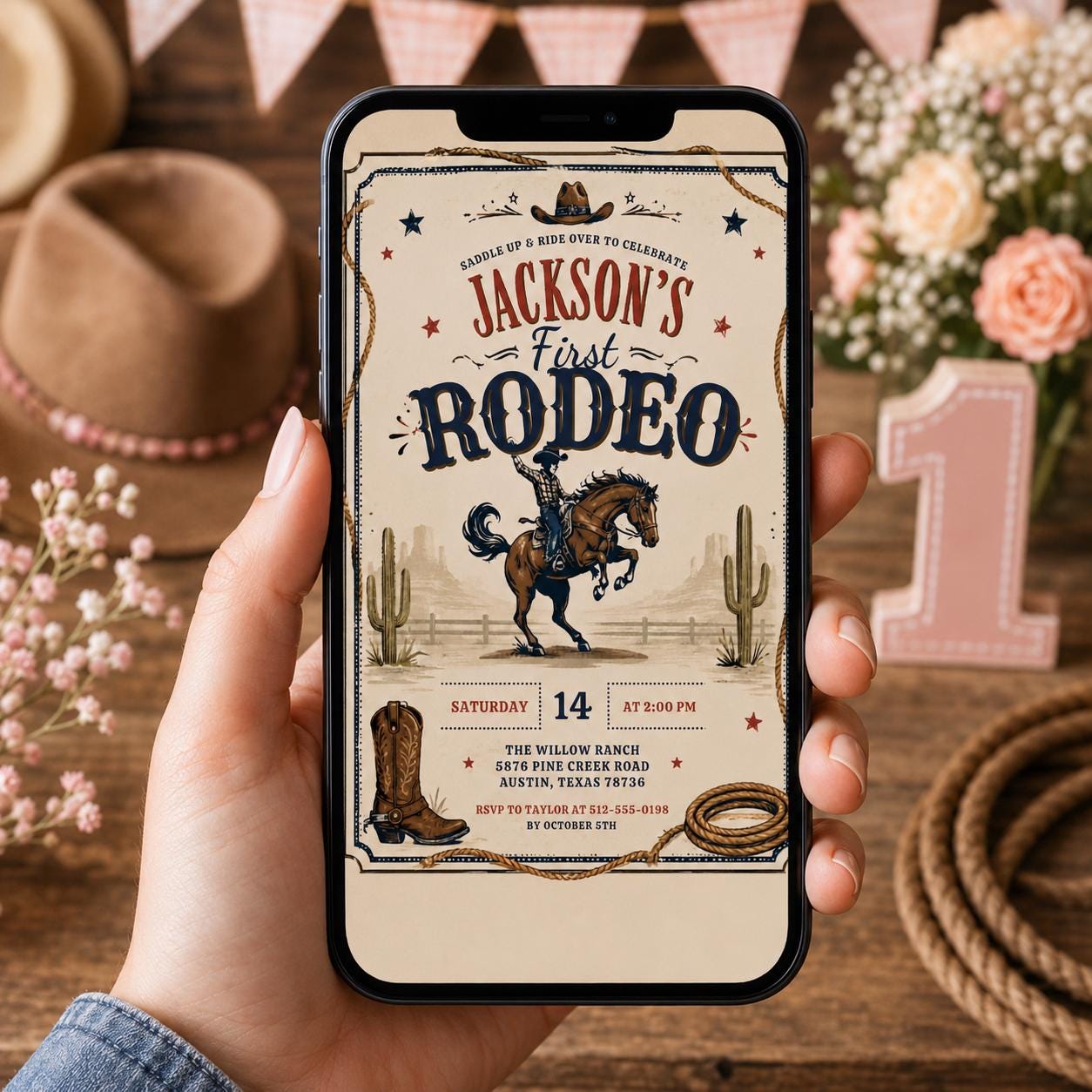 Editable Western Cowgirl Birthday Invitation Canva Template, Vintage Boys Kids Cute Modern Fun DIY Party Invite, Printable Digital Download.