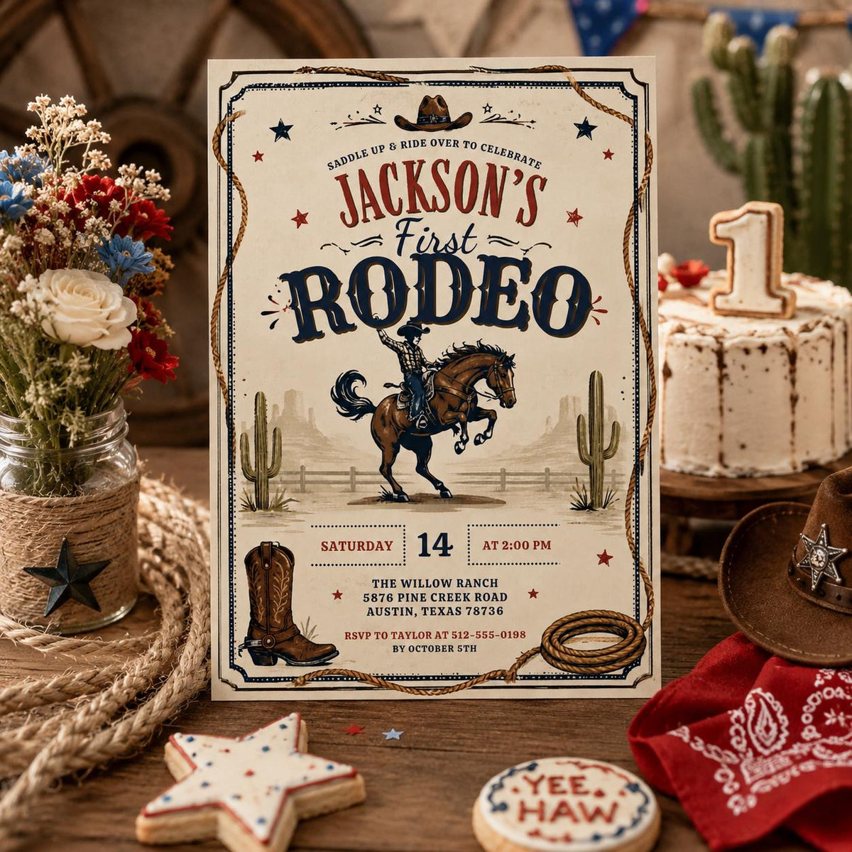 Editable Western Cowgirl Birthday Invitation Canva Template, Vintage Boys Kids Cute Modern Fun DIY Party Invite, Printable Digital Download.