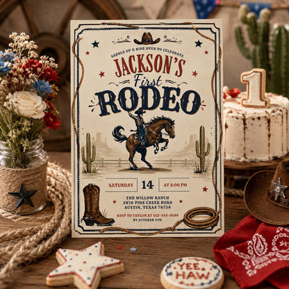 Editable Western Cowgirl Birthday Invitation Canva Template, Vintage Boys Kids Cute Modern Fun DIY Party Invite, Printable Digital Download.