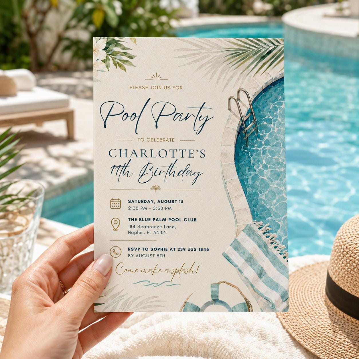 Editable Pool Birthday Invitation Canva Template, Kids Teens Pool Cute Modern Fun Themed DIY Sweet Party Invite, Printable Digital Download.