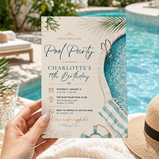 Editable Pool Birthday Invitation Canva Template, Kids Teens Pool Cute Modern Fun Themed DIY Sweet Party Invite, Printable Digital Download.