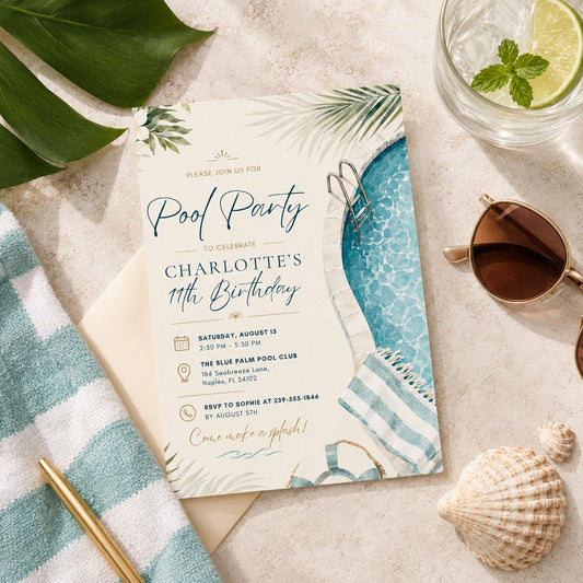 Editable Pool Birthday Invitation Canva Template, Kids Teens Pool Cute Modern Fun Themed DIY Sweet Party Invite, Printable Digital Download.