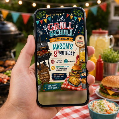 Editable Bbq Birthday Invitation Canva Template, Adult Cute Modern Fun Themed Custom DIY Chic Kids Party Invite, Printable Digital Download.