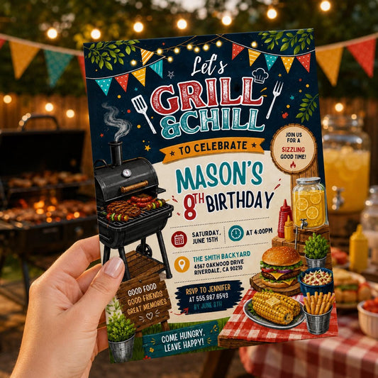 Editable Bbq Birthday Invitation Canva Template, Adult Cute Modern Fun Themed Custom DIY Chic Kids Party Invite, Printable Digital Download.