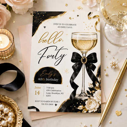 Editable Champagne Birthday Invitation Canva Template, Black Luxury Trendy Adult Cute Fun DIY Chic Party Invite, Printable Digital Download.