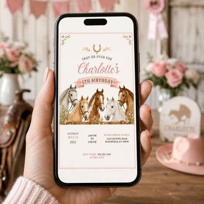 Editable Horse Riding Birthday Invitation Canva Template, Boho Floral Girls Kids Cute Fun DIY Chic Party Invite, Printable Digital Download.
