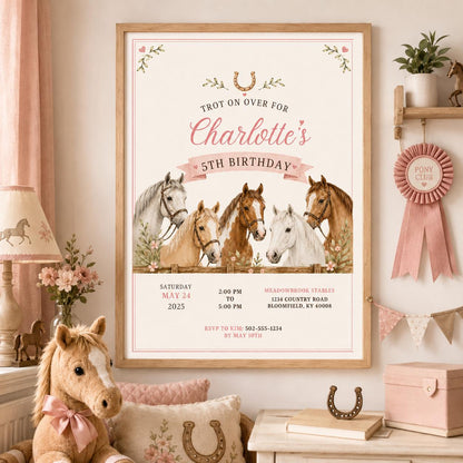 Editable Horse Riding Birthday Invitation Canva Template, Boho Floral Girls Kids Cute Fun DIY Chic Party Invite, Printable Digital Download.