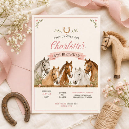 Editable Horse Riding Birthday Invitation Canva Template, Boho Floral Girls Kids Cute Fun DIY Chic Party Invite, Printable Digital Download.