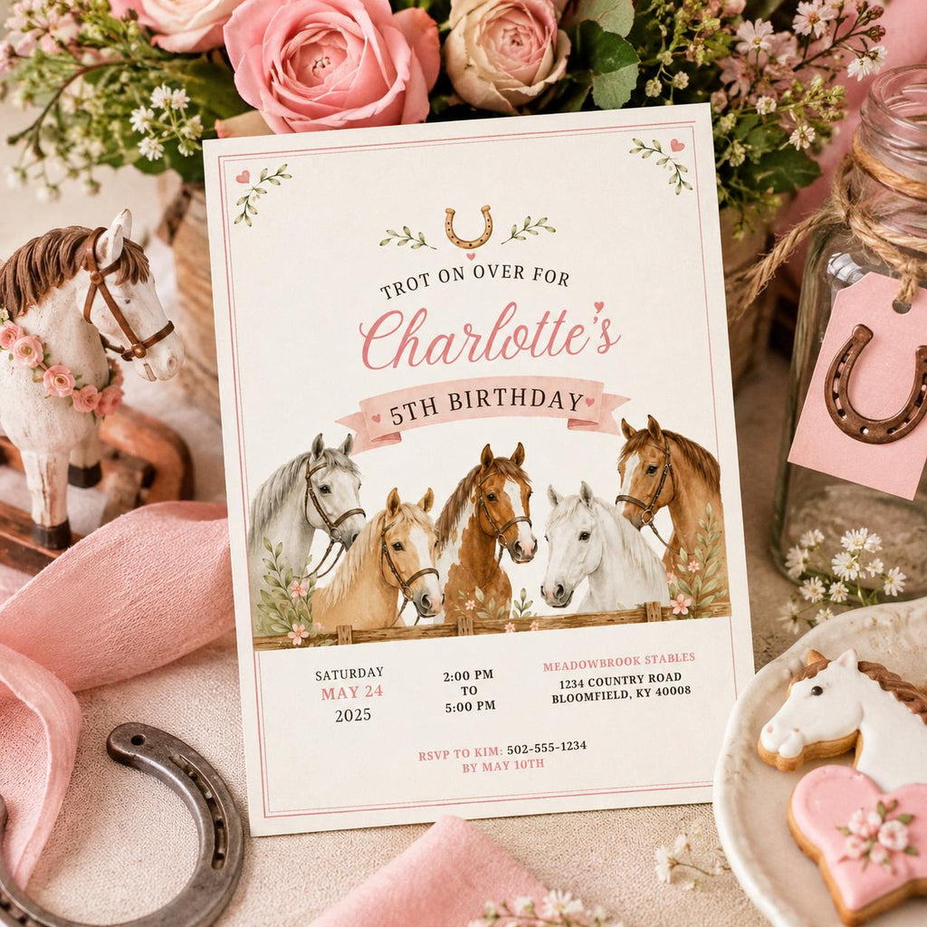 Editable Horse Riding Birthday Invitation Canva Template, Boho Floral Girls Kids Cute Fun DIY Chic Party Invite, Printable Digital Download.