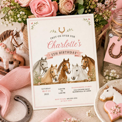 Editable Horse Riding Birthday Invitation Canva Template, Boho Floral Girls Kids Cute Fun DIY Chic Party Invite, Printable Digital Download.
