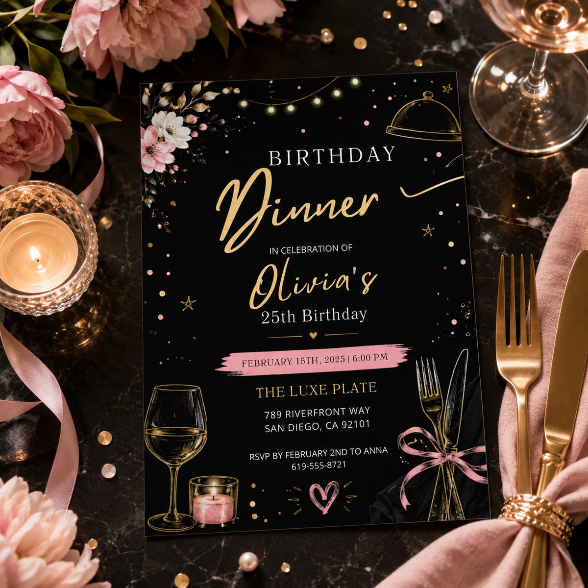 Editable Dinner Modern Minimal Black Birthday Invitation Canva Template, Boys Adult Modern Fun DIY Party Invite, Printable Digital Download.