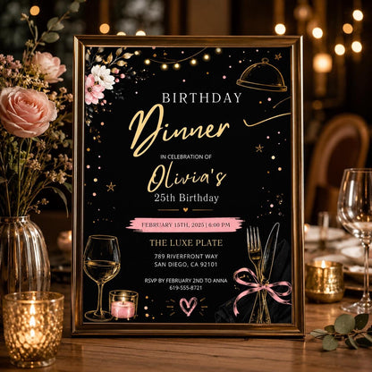 Editable Dinner Modern Minimal Black Birthday Invitation Canva Template, Boys Adult Modern Fun DIY Party Invite, Printable Digital Download.