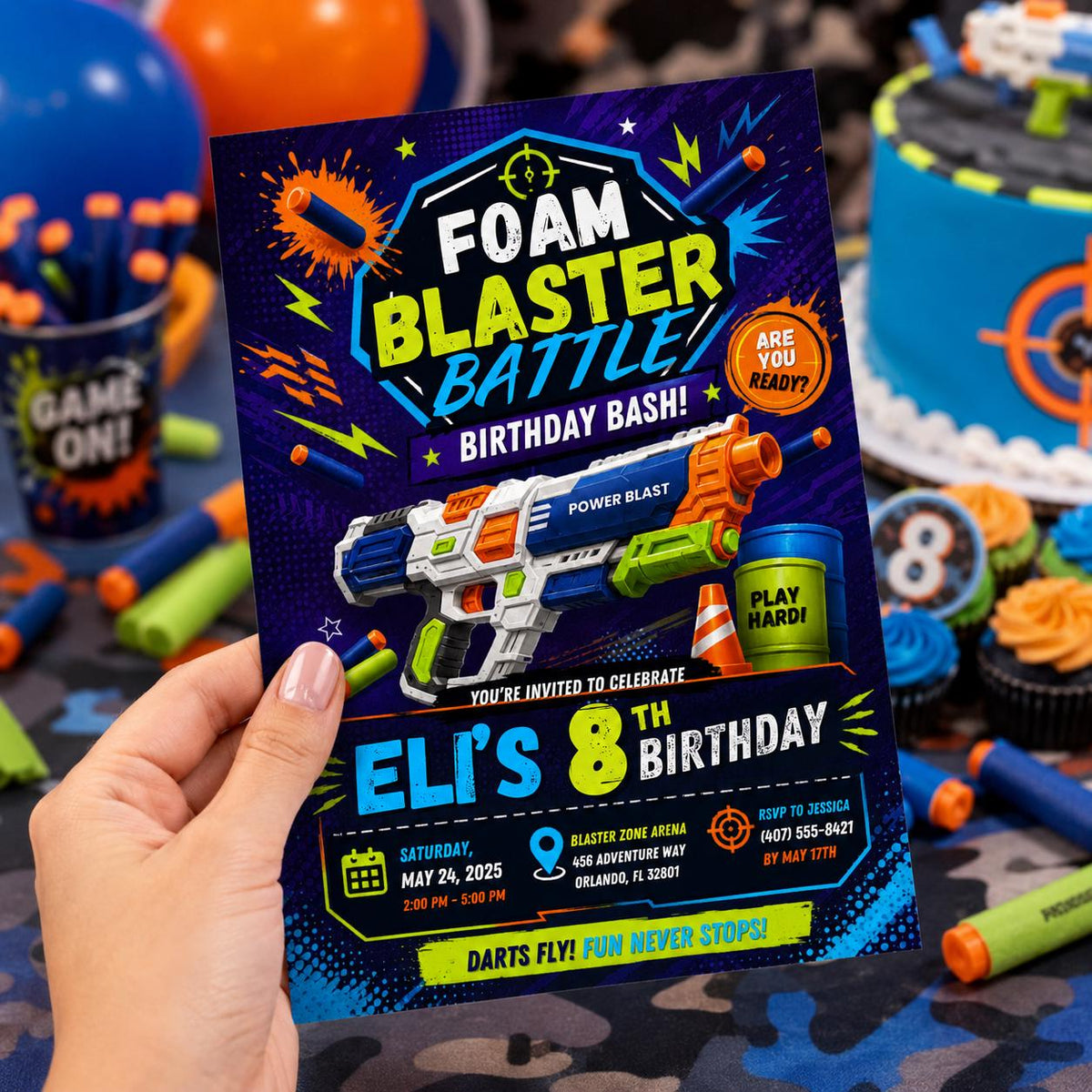 Editable Nerf Birthday Invitation Canva Template, Kids Cute Modern Fun Themed Custom DIY Chic Teen Party Invite, Printable Digital Download.