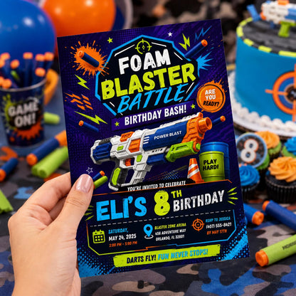 Editable Nerf Birthday Invitation Canva Template, Kids Cute Modern Fun Themed Custom DIY Chic Teen Party Invite, Printable Digital Download.